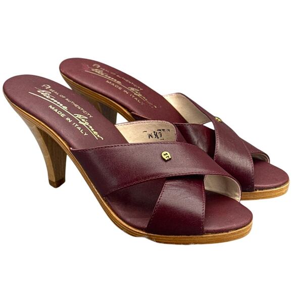 Etienne Aigner Vintage 70s Oxblood Leather Wooden Heel Mule Slide Women 6.5 - Picture 1 of 8